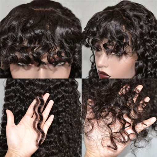 Curly Human Hair Wig Bangs 180 Density Shoulder Length Wig MI1605229