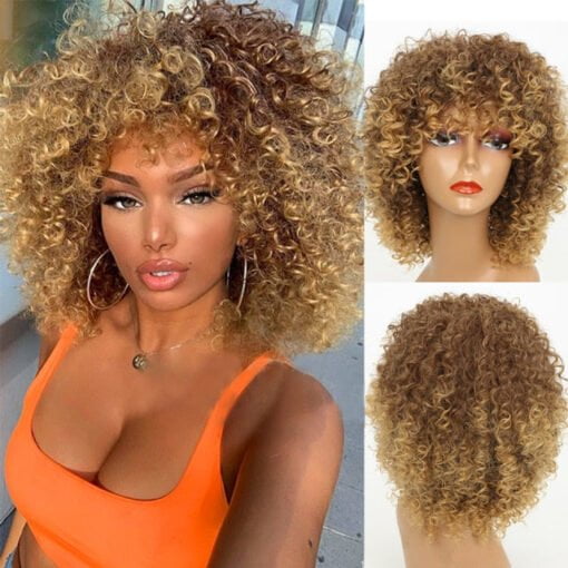 Curly Light Brown/Blonde Synthetic Wig With Bangs – Oh! Weave MI1605998