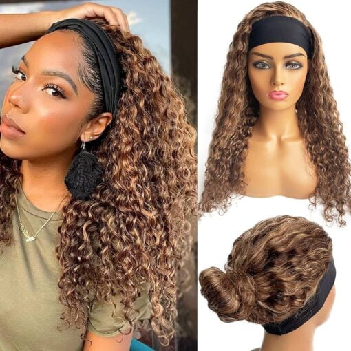 Curly Natural Hair Headband Wigs Human Hair Colored Honey Blonde Highlights Real Remy Hair Half Wigs With Headband Attached 4/27 Deep Wave None Lace MI1603961