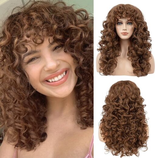 Curly Wig With Bangs For Women Women Flufymooz Natural Light Brown Long Curly Wig 21Inch Curls With Wispy Bangs Heat Resist Soft Synthetic Wig For Women Women MI1610600