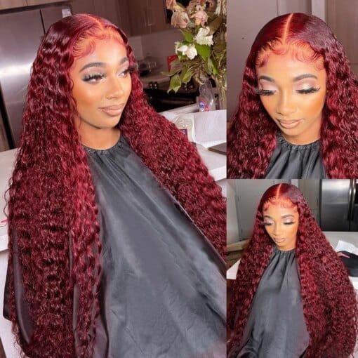 Curly Womens 220% Hd Lace Frontal Wig: Deep Wave Burgundy MI1611292