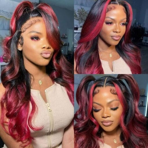 Dark Burgundy With Rose Red Skunk Highlights Straight Body MI1611249