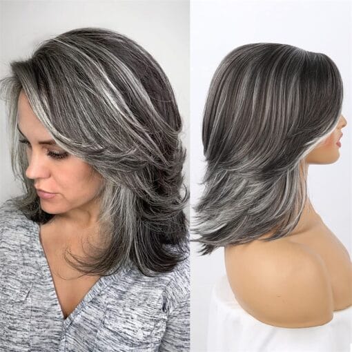 Dark Gray Ombre Layered Wigs With Curtain Bangs For Women Black MI1611130