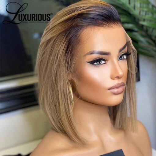 Dark Rooted With Honey Blonde Colored Lace Front Bob Wig MI1602339