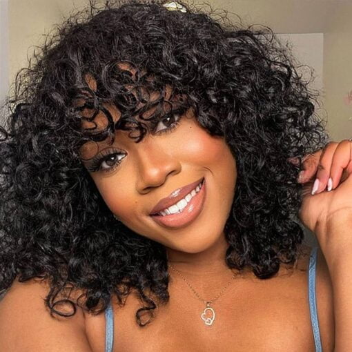 Début 10 Inch Water Wave Bob Wig With Bangs Human Hair Short Bob Curly Wigs Wear And Go Bangs Bob Glueless Wig 150% Density 1B Color MI1606063