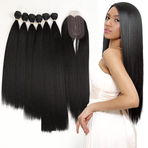 Début Synthetic Hair 6 Bundles With Simple Closure Yaki Straight Weave Heat Resistant Kinky Straight 7Pcs High Temperature Fiber 16 18 20 Inch 250G MI1605132