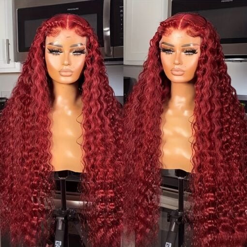 Deep Wave 250% Density Burgundy Lace Front Human Hair Wigs MI1605773