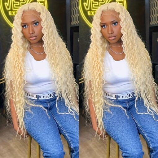 Deep Wave Blonde 613 Hd Lace Frontal Wig With Baby Hair Human Hair, Pre Plucked, Perfect For Women Creating Natural Looking Styles 250% 13*4 MI1610905