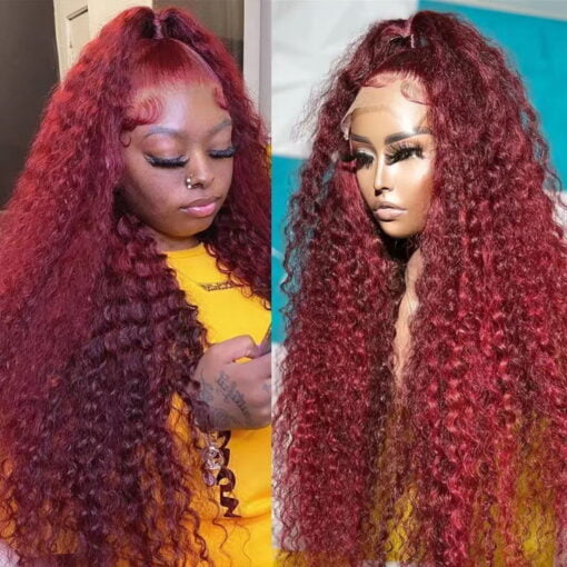 Dengmore 26 Inch Red Curly Wig Deep Wave Curly Hair Wigs 360 Lace Front Wigs Human Hair 13X6 Hd Lace Frontal Wigs Middle Part Water Wave Lace Closure MI1602740