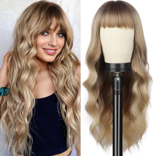 Dirty Blonde Wig With Bangs Long Blonde Wavy Wigs For Women Women Synthetic Curly Wavy Wigs With Dark Root Heat Resistant Wig For Women Daily Party Use 26 Inches MI1603377