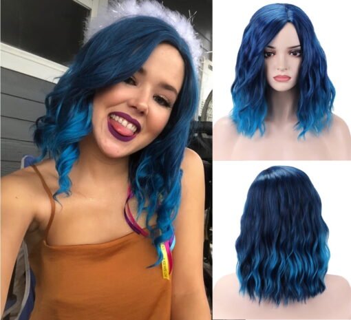 Dopi Blue Wig For Women Women Mix Blue Wig Short Curly Wavy Bob Wig Blue Ombre Wigs Charming Beach Wave Hair Wigs With Wig Cap MI1610454