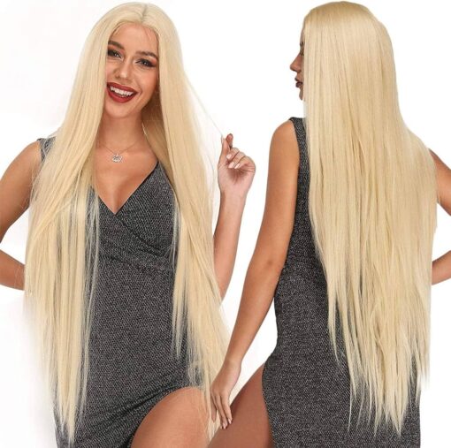 Ebingoo 40 Inch Long Blonde Lace Front Wig + Wig Cap Platinum Blonde Lace Front Wig Long Blonde Straight Wig Synthetic Blonde Wig With Middle Part For Women MI1607859