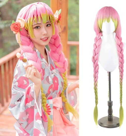 Ebingoo Pink Mixed Green Wig For Women Women + Wig Cap Long Three Braided Cosplay Wigs For Women Anime Cosplay Synthetic Wig With Ponytails For Women Women Halloween MI1610550