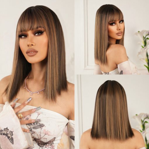 Element Long Straight Hair Wigs With Natural Bangs For Women Women Dark Brown Hair Wig MI1604014