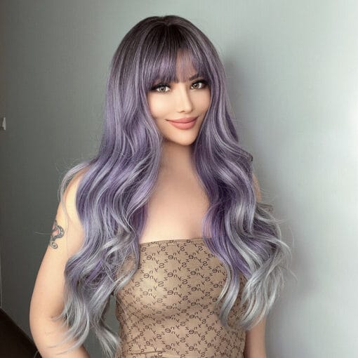 Element Synthetic Wavy Wigs With Bangs For Women Women Purple Ash MI1611498