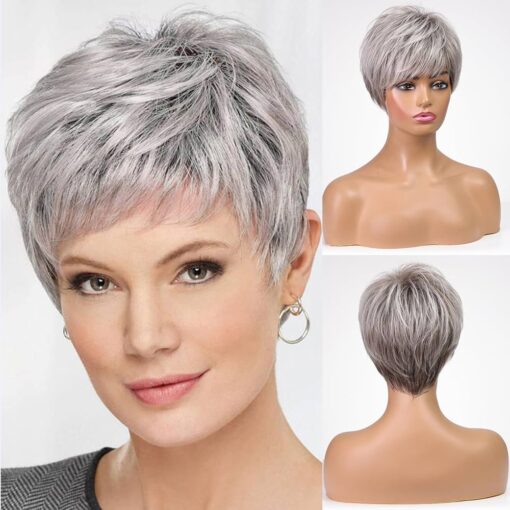 Emmor Short Grey Human Hair Blend Wigs For Women Women MI1602945