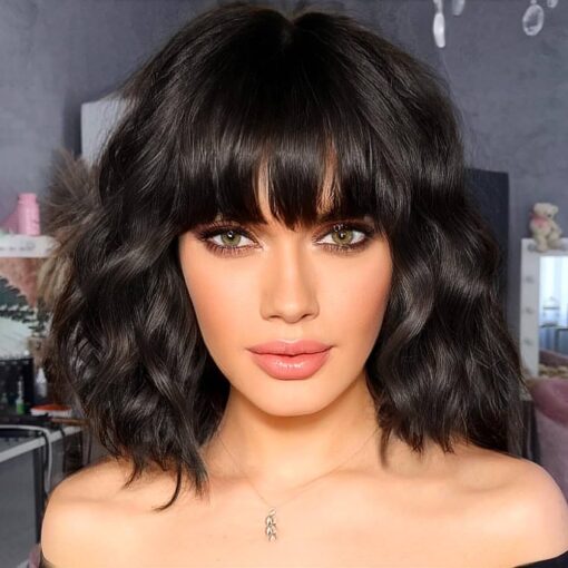 Entranced Styles Short Curly Wavy Bob Wigs For Women Women Black Wig With Bangs Synthetic Heat Resistant Fiber Wig MI1603800