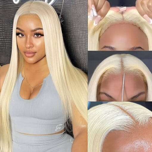 Eqpx 613 Lace Front Wig Human Hair 5X6 Blonde Straight Wear And Go Glueless Wigs Human Hair Pre Plucked Pre Cut Lace 30S Fixed 613 Hd Lace Frontal Wig MI1611716