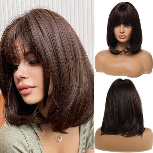 Esmee 14 Inches Short Dark Brown Wig With Bangs Slightly Curly Hair Ends Natural Synthetic Hair Straight Wigs For Women Women Daily Party Cosplay Wear MI1610789