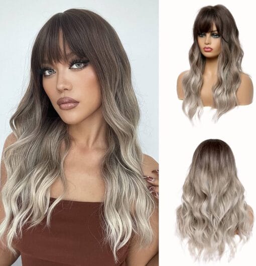 Esmee Ombre Brown To Gray Wigs 24" Long Synthetic Wig With High Density Natural Headline Heat Permanent Hair Wigs For Women Women MI1611989