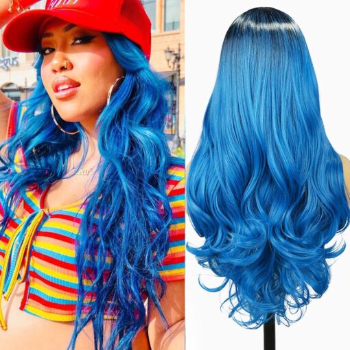 Fancy Hair Ombre Blue Wig Bluish Teal Blue Wigs Long Curly Wavy Hair Wigs Heat Resistant 2 Tones Dark Roots Synthetic Daily Party Cosplay Wigs For Women MI1610449