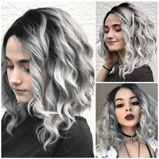 Fashion Silver Ombre Short Bob Wigs Natural Wavy Curly Synthetic Hair Full Wig For Women Women MI1611782