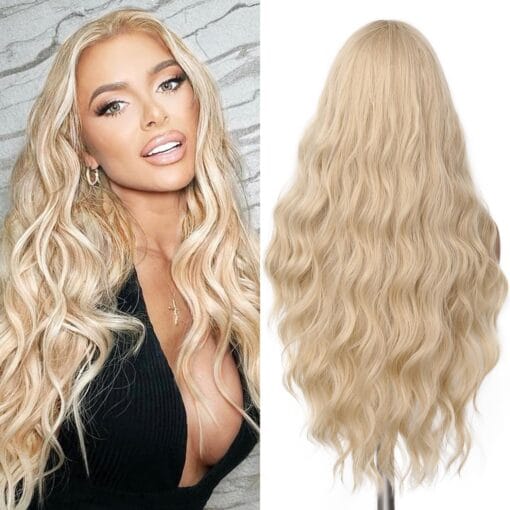 Fave Long Blonde Wig Wavy Synthetic Wig Platinum Blonde Wig Middle Part Natural Blonde Wig Wigs For Women White Women MI1611544