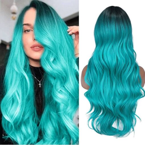 Fave Ombre Bluish Green Wig Long Wavy Side Part Wig Heat Resistant Synthetic Hair Teal Blue Wig Mermaid Wigs For Women Women (Ombre Bluish Green) MI1610463