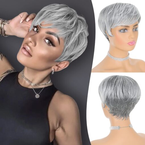 Feshfen Pixie Cut Wigs Synthetic Short Ombre Gray Pixie Haircut Wig With Bangs Glueless Layered Wig Wavy Grey To Black Wigs For Women Women MI1610469