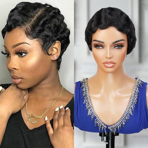 Finger Wave Human Hair Wigs For Women Black Women Short Mommy Wig Curly Remi Human Hair Wig Pixie Cut Wigs Nuna Wigs Non Lace Front Wigs (Natural) MI1604866