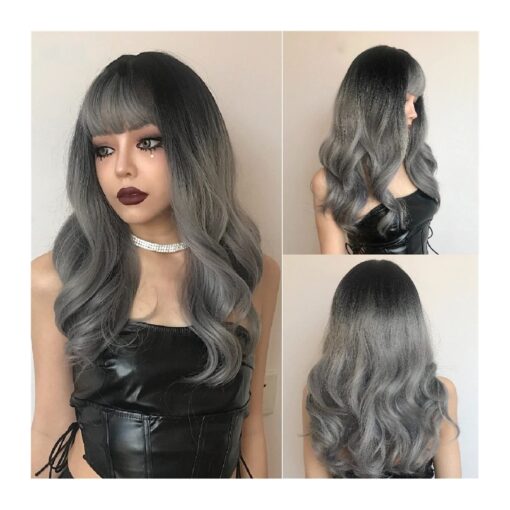 Fionel Wigs For Women Women Ombre Gray Wig With Bangs Long Ombre Gray Wig With Black Root Long Grey Wigs For Women Women Heat Resistant Synthetic Wavy Wigs For Women MI1611128