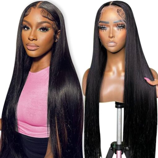 Flady 28 Inch Straight Hd Lace Front Wigs Human Hair Pre Plucked 180 Density 13X4 Glueless Bone Straight Human Hair Wigs For Women Black Women Transparent MI1605261