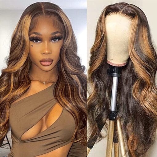 Fleeky Hair Highlight Wig Piano Color 4/27 Ombre Brown Honey Blonde Body Wave 4X4 Lace Closure Wig Transparent Lace Wig MI1611671