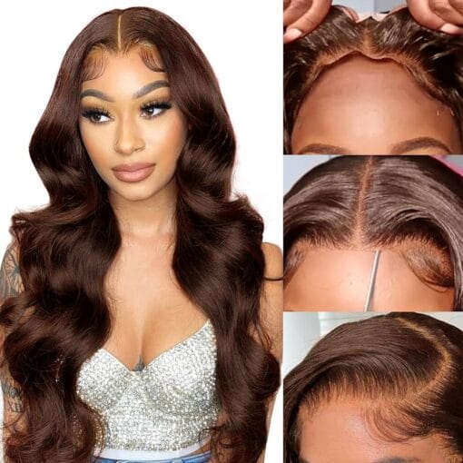 Ftqzkey 26 Inch Chocolate Brown Glueless Wig Human Hair 13X4 Brown Body Wave Wigs MI1611260