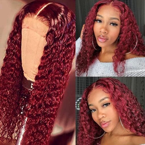 Fuduete 99J Lace Front Human Hair Wigs 4X1 T Part Burgundy MI1611252