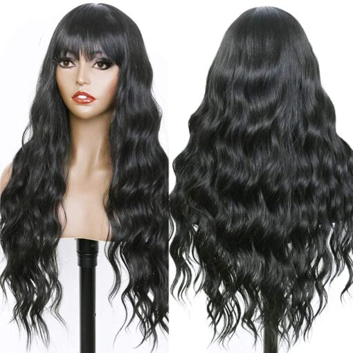 Fugady Black Wavy Wig With Bangs Black Wig With Bangs Long MI1604139