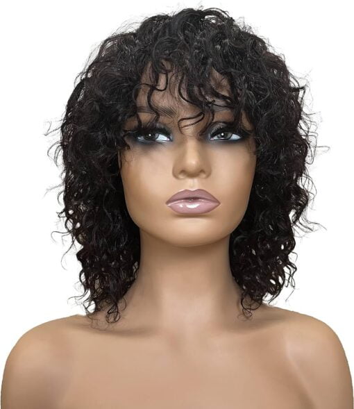 Fuleisi Human Wigs Short Water Wave Wig With Bangs Wwm2367M 100% Brazilian Virgin Human Hair Machine Made Glueless For Women Black Women Natural Black MI1603613