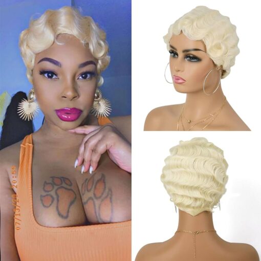 G&T Wig 613 Blonde Finger Wave Wig Glueless Wear And Go Wig Synthetic Short Curly Wigs For Women Women Nuna Wig 1920S Cosplay Costume Halloween Party Daily MI1611196