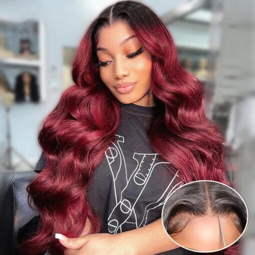 Gabrielle 28 Inch Lace Front Glueless Wigs Human Hair Pre Plucked Pre Cut 5X5 Lace Closure 1B/99J Burgundy Body Wave Human Hair Wigs 180% Density MI1611339