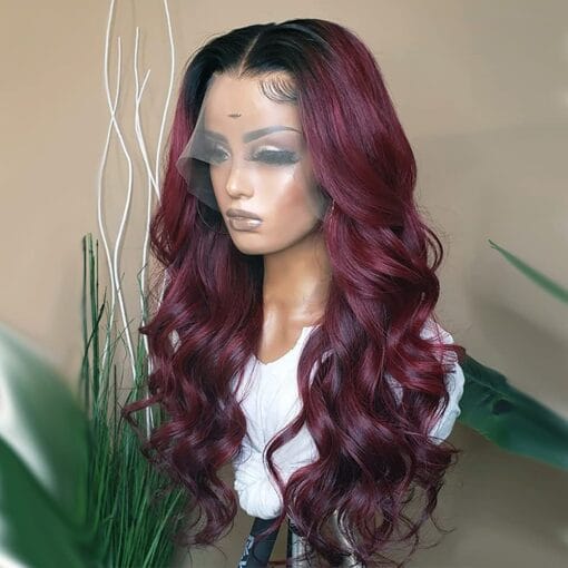 Giannay Burgundy Wave Lace Front Wigs Red Synthetic Loose MI1611241