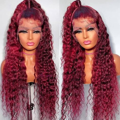 Giannay Red Curly Lace Front Wigs Burgundy Lace Wig Dark Red Long Deep Wave Synthetic Lace Front Wig With Baby Hair Pre Plucked Hairline Red Wigs For Women MI1610500