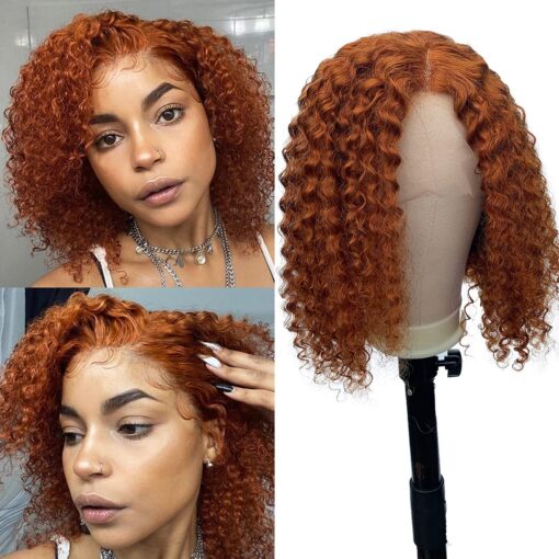 Ginger Curly Bob Wigs Human Hair Side Part Pre Plucked T Part Curly Wave Ginger Lace Front Bob Wig 10 Inch Short Wavy Colored Lace Front Wigs For Women MI1610621