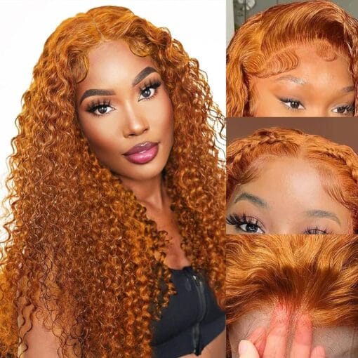 Ginger Deep Wave Wig Human Hair 13X4 Ginger Curly Lace Front Wig Human Hair 28Inch Ginger Wet And Wavy Human Hair Wig 180% Density Ginger Orange Lace MI1609484