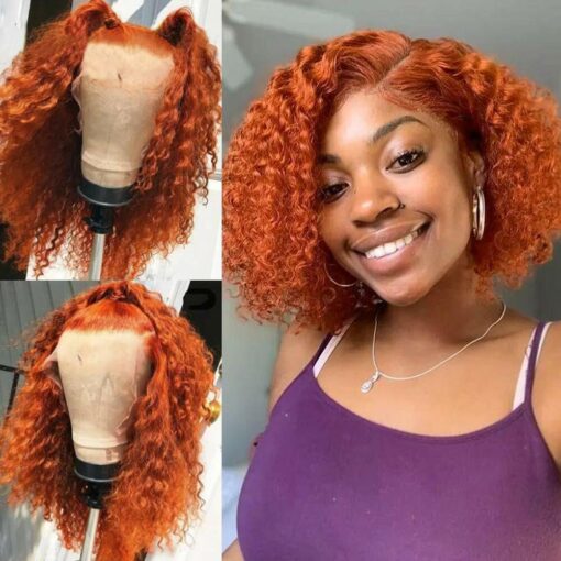 Ginger Orange Color Short Curly Wavy 13X4X1 Lace Frontal Bob MI1610259