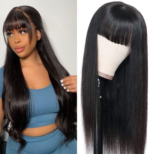 Glowig Straight Human Hair Wigs With Bangs Brazilian Virgin MI1602579