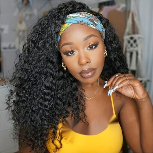 Glueless Headband Human Hair Wigs Deep Wave Headband Wigs For Women Women 180% Density Natural Black Color No Lace Front Wigs Virgin Human Hair Deep Wave Wi MI1604239