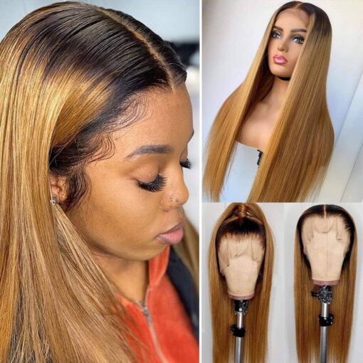 Glueless Lace Front Human Hair Wigs With Baby Hair Pre Plucked With Bleached Knots Dark Roots Ombre 1B/27 Straight Remy Brazilian Free Part 150% MI1602036