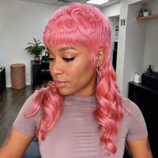 Glueless Pixie Cut Human Hair Layered Wavy Pink Mullet Wig MI1604998