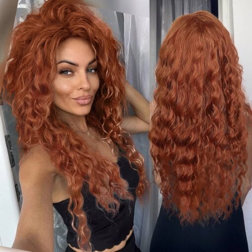 Gnimegil Long Wavy Ginger Red Hair Wig Soft Synthetic Curly Costume Wig With Ombre Fluffy Waves Free Part Hairline Natural Copper Tones Wig Ideal For Women MI1611166