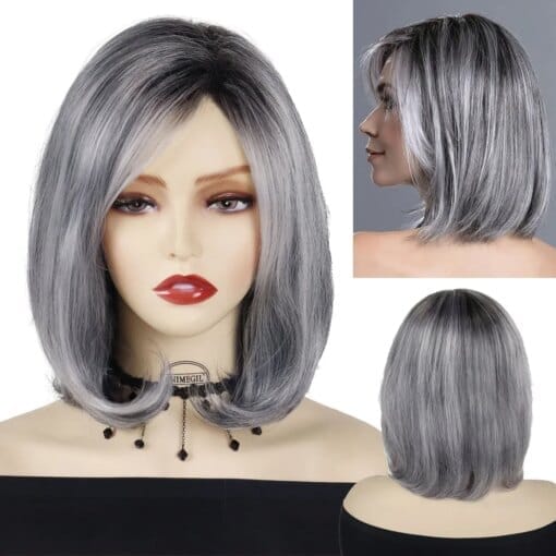 Gnimegil Synthetic Bob Wig Silver Grey Old Lady Wig For Women Women Natural Short Ombre Wig With Side Parting Bangs Cosplay Lolita MI1611089